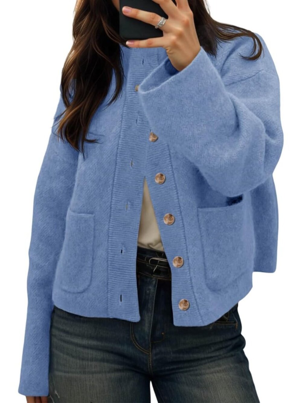 Women Blue Mock Neck Chunky Knit Button-down Front Patch Pockets Cozy Jacket